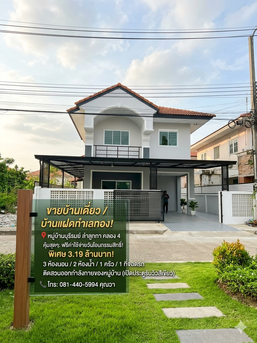 บ้านแฝด ลำลูกกา ไสวประชาราษฎร์ หมู่บ้านบุรีรมย์ นัดชม085-318-6868​คุณวส 20