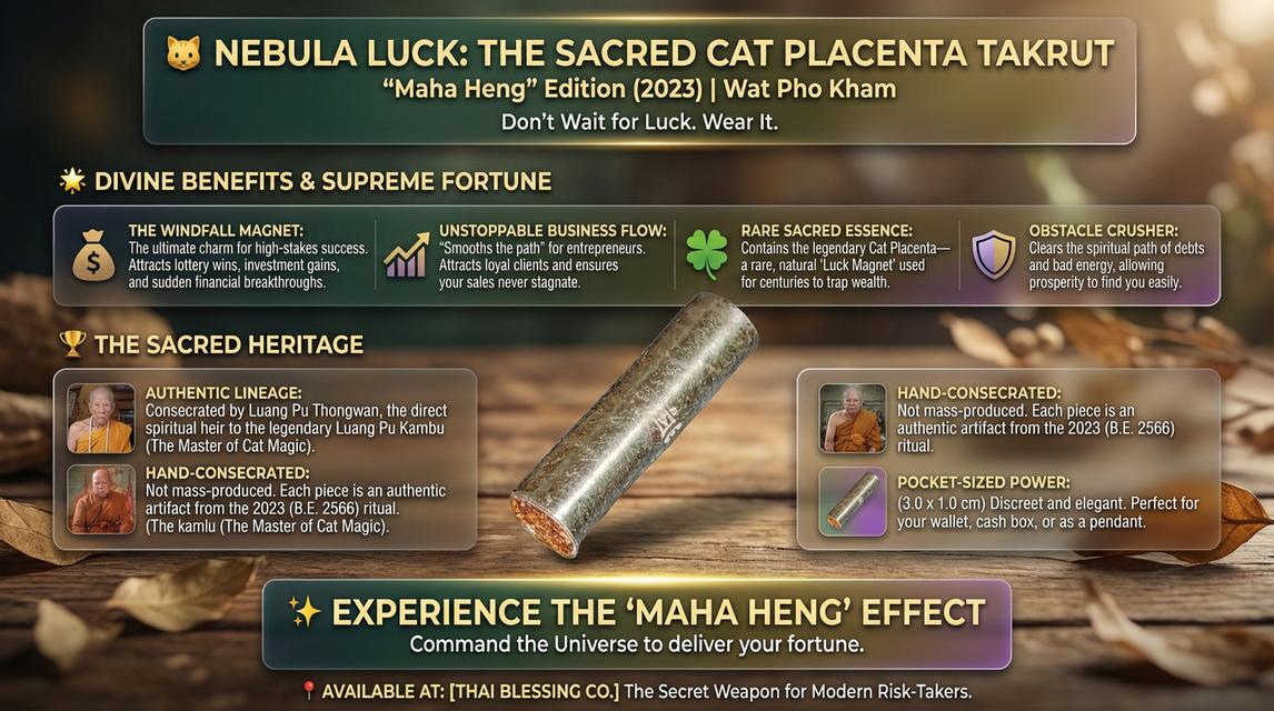 🐱✨ Nebula Luck: The Sacred Cat Placenta Takrut – Ultimate Prosperity & Windfall Wealth Magnet (Maha Heng 2023 Edition) รูปที่ 2