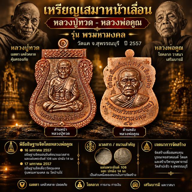 เหรียญเสมาหน้าเลื่อน หลวงปู่ทวด หลังหลวงพ่อคูณ รุ่นพรมหามงคล ปี 2557
