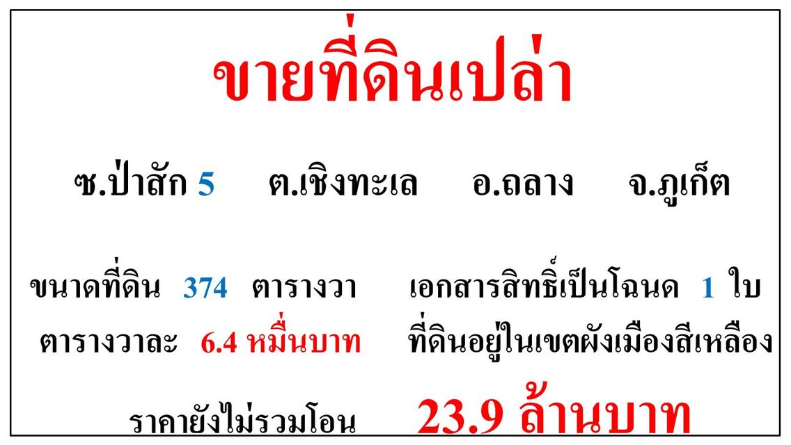 ขายที่ดินเปล่า ขนาด 374 ตารางวา  ซ.ป่าสัก 5  ต.เชิงทะเล  อ.ถลาง  ภูเก็ต 1