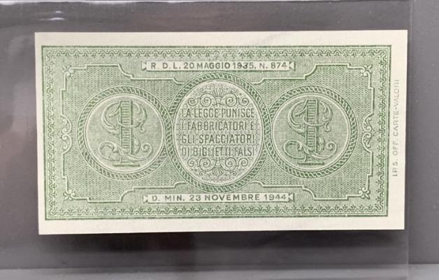 ธนบัตรรุ่นเก่าของประเทศอิตาลี 1Lira ปี1944 UNC ธนบัตรต่างประเทศ 2