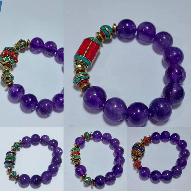 ข้อมือหิน Amethysts 14mm ลูกปัดเนปาล ยาว 18 cm.