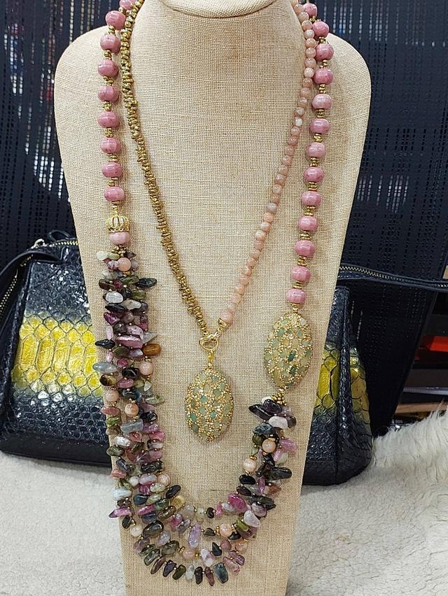 สร้อยคอเส้นคู่ Tourmaline Rhodonite ทรงฟักทองคั่นแร่ Hematiteทอง จี้Tourmaline เส้นนอกยาว 30 นิ้ว