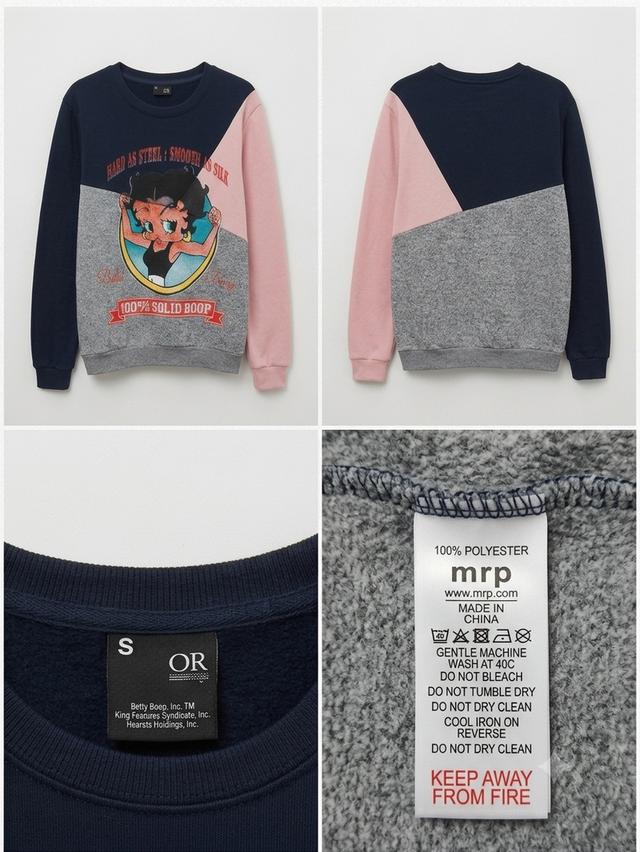 เสื้อสเวตเตอร์แขนยาวลายการ์ตูน Betty Boop (100% Solid Boop) ป้ายแบรนด์ OR ดีไซน์ต่อผ้าสามสี (ดำ/เทา/ชมพู) รูปที่ 1