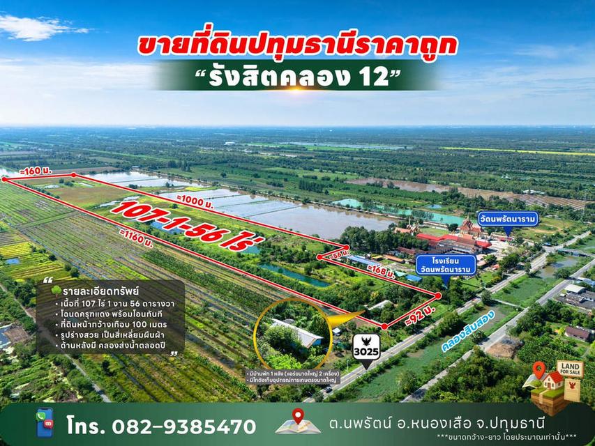 ขายที่ดินปทุมธานี รังสิตคลอง 12 ตำบลนพรัตน์ อำเภอหนองเสือ ติดถนน 100 เมตร ใกล้โรงเรียนวัดนพรัตนาราม 2