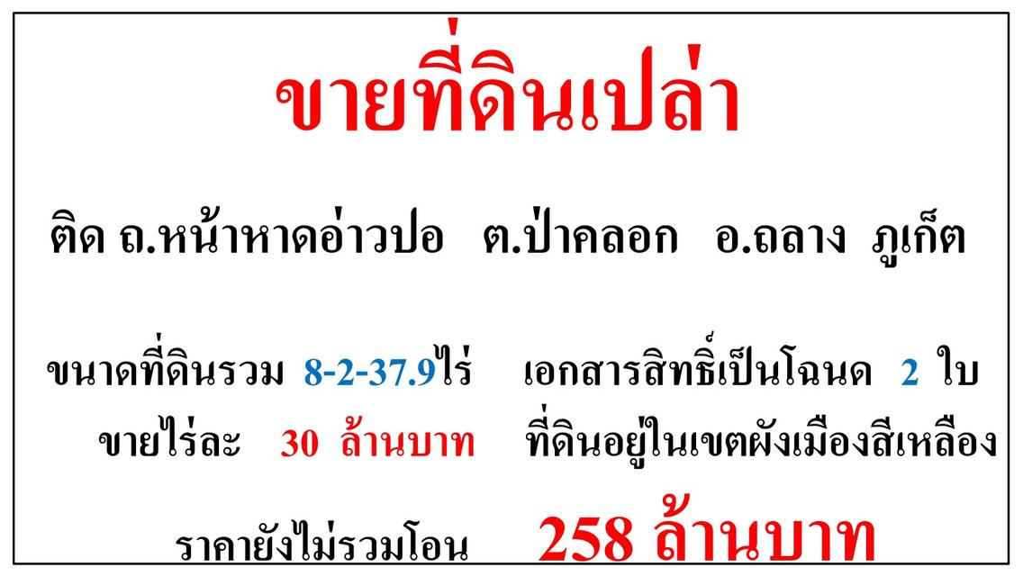 ขายที่ดินเปล่า ขนาด 8-2-37.9 ไร่  แถวอ่าวปอ  ต.ป่าคลอก  อ.ถลาง  ภูเก็ต 1