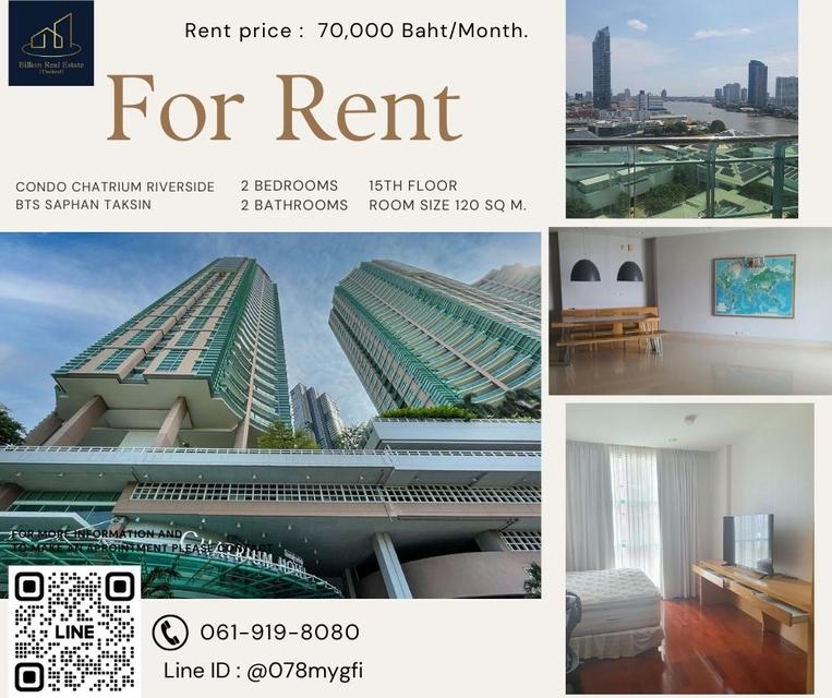 For Rent "Chatrium Riverside Residence" -- 2 Beds 120 Sq.m. 70,000 Baht -- Luxury condo along the Chao Phraya River!