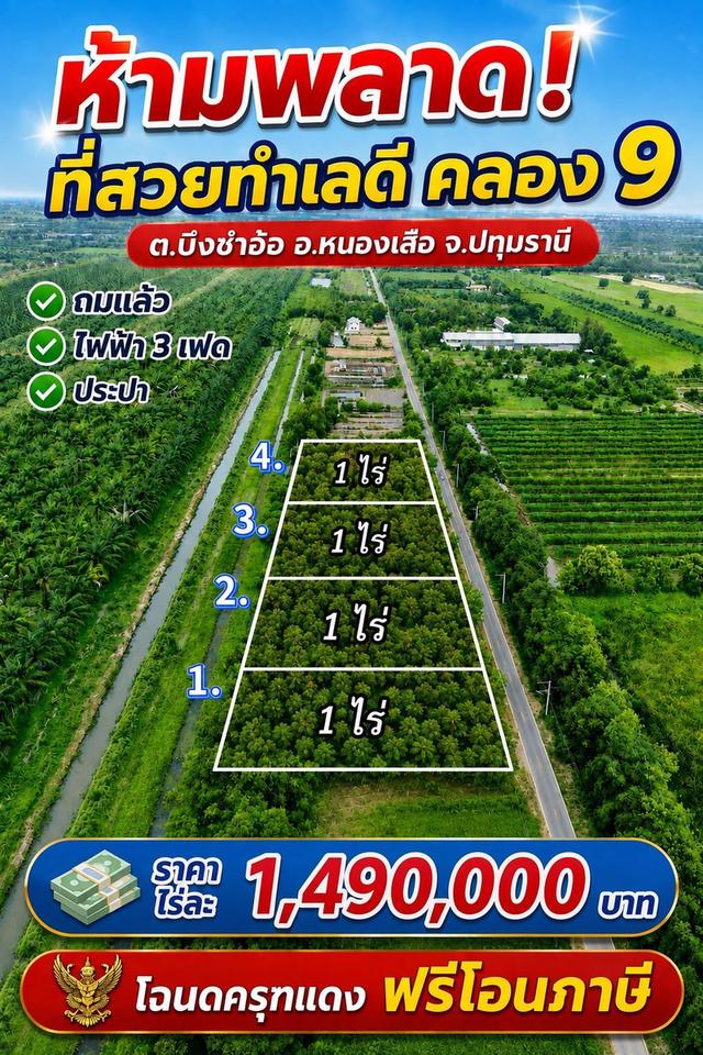 ที่ดินสวย คลอง 9 ปทุมธานี ทำเลดี ถมแล้วพร้อมสร้าง ตำบล บึงชำอ้อ อำเภอ หนองเสือ ปทุมธานี 1
