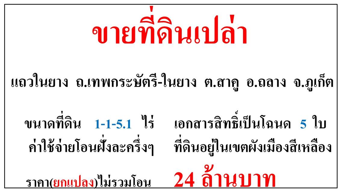 ขายที่ดินเปล่า ขนาด 1-1-5.1 ไร่  แถวในยาง  ถ.เทพกระษัตรี-ในยาง  ต.สาคู  อ.ถลาง  ภูเก็ต 1