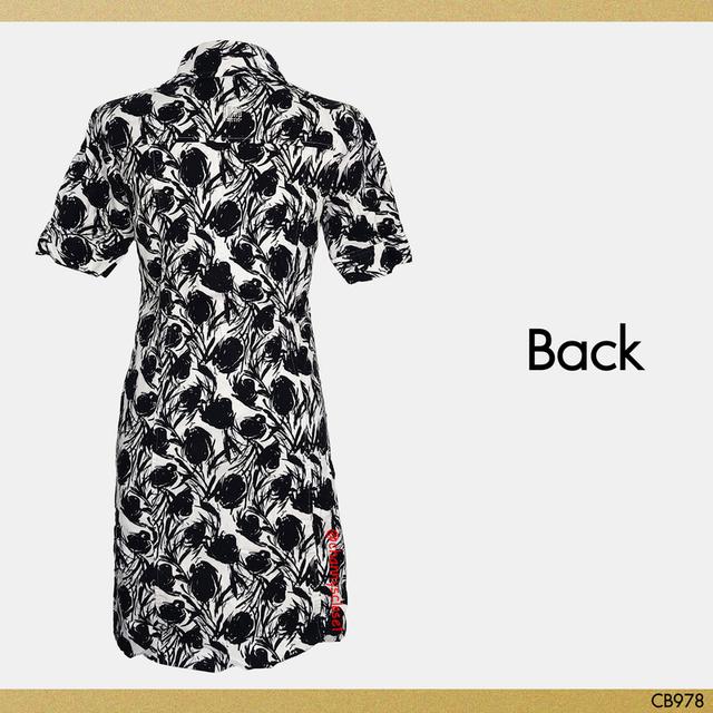 USED Guy Laroche - White Floral A Line Dress | เดรสสั้นสีขาว สีดำ เดรสทรงเอ ลายดอก แขนสั้น คอปก วินเทจ แท้ มือสอง