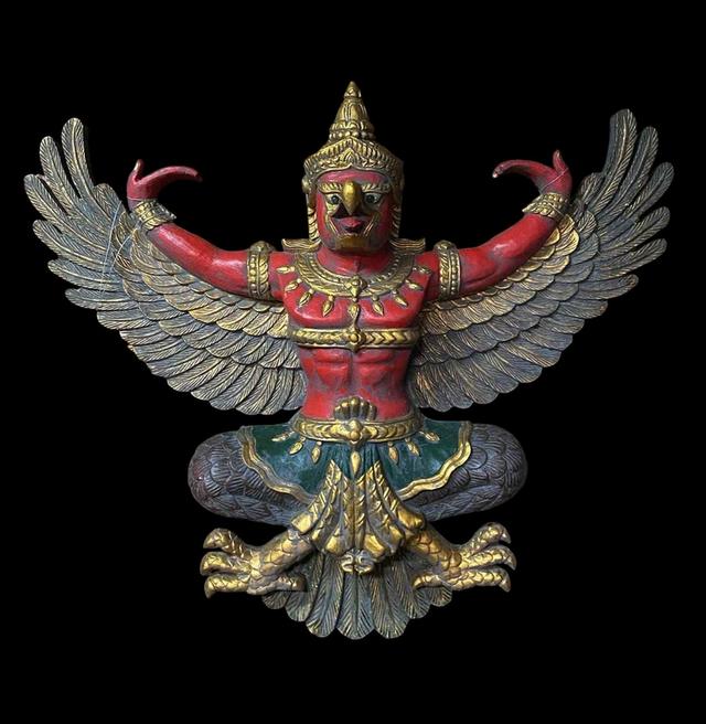 พญาครุฑไม้สัก ครุฑไม้โบราณ พญาสุบรรณ แกะสลัก ขนาดกว้าง145ซม