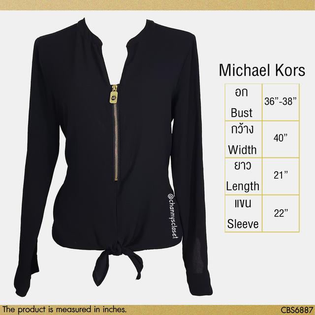 USED Michael Kors - Black Zip Up Tie Top | เสื้อแขนยาวสีดำ สีทอง เสื้อผูกเอว คอวี ซิป โลโก้ ทำงาน สีพื้น แท้ มือสอง