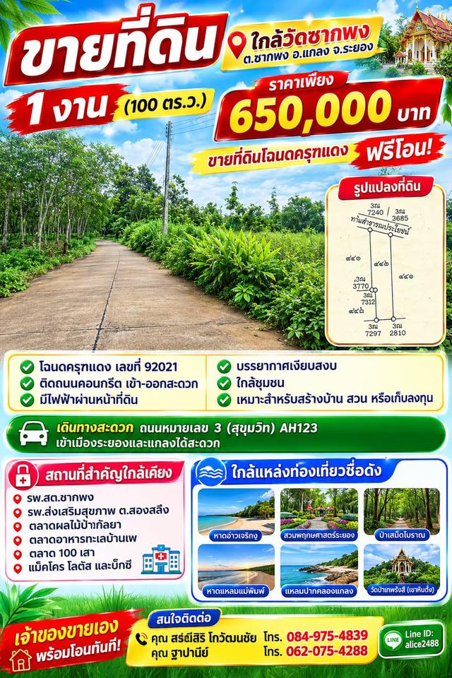 ขายที่ดิน 1 งาน ใกล้วัดซากพง ต.ซากพง อ.แกลง จ.ระยอง ราคาเพียง 650,000 บาท 1