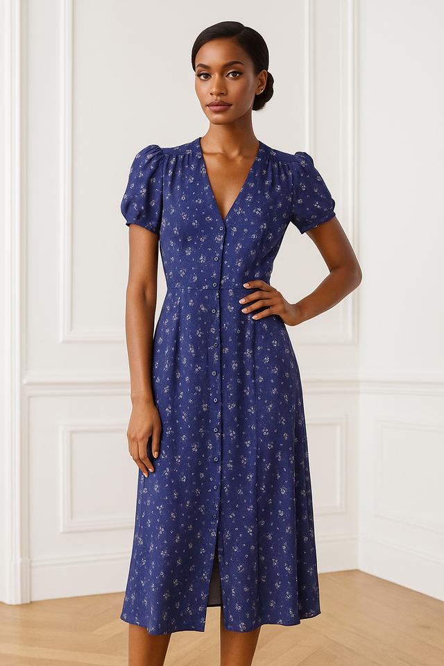 เดรสยาวคอวีลายดอกไม้สีนํ้าเงินเข้ม (Navy Floral V-Neck Maxi Dress)@SP045 4