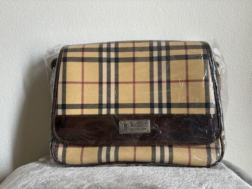 กระเป๋าสะพายไหล่มือสอง Sunstar หนังแคนวาสลายตารางสีน้ำตาล