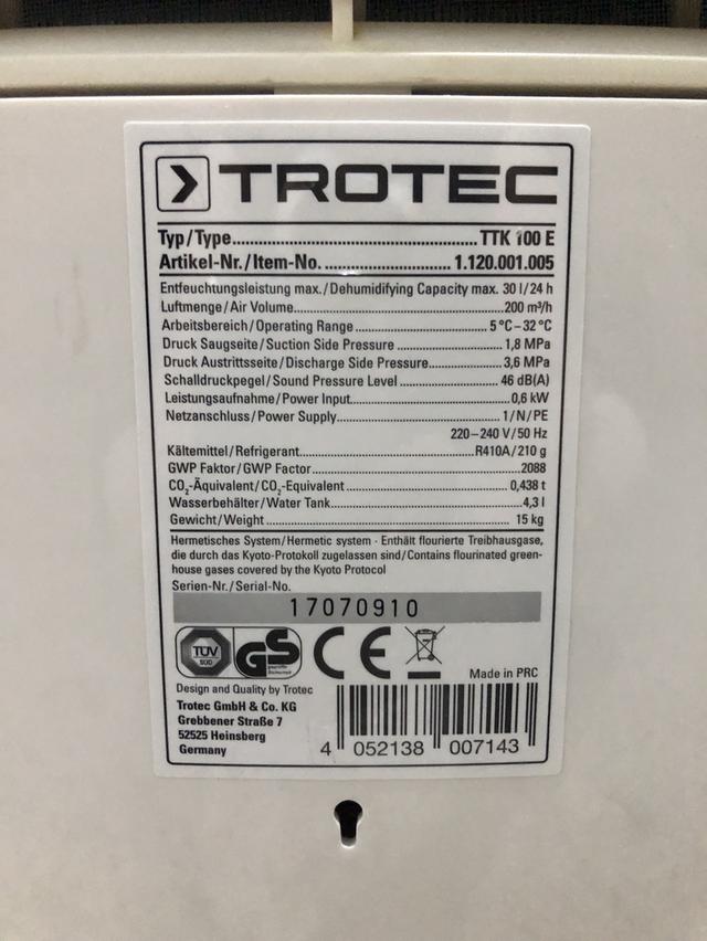 เครื่องดูดความชื้น TROTEC TTK 100e