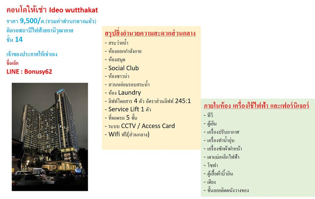 เจ้าของปล่อยให้เช่าคอนโดไอดิโอ-วุฒากาศ 8