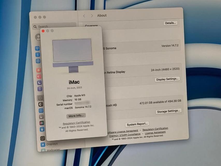 ขาย/แลก iMac 24 inch M3 Blue Ram16 SSD512 CPU8 GPU10 ศูนย์ไทย ประกัน Apple Care Plus 07/12/2026  ครบกล่อง เพียง 39,990 บาท  7