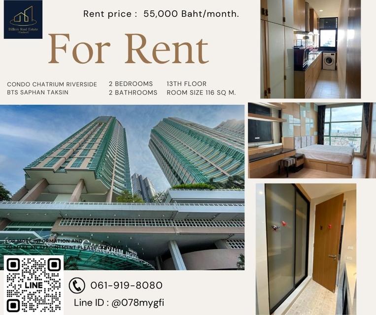 For Rent "Chatrium Riverside Residence" -- 2 Beds 116 Sq.m. 55,000 Baht -- Luxury condo along The Chao Phraya River! 1