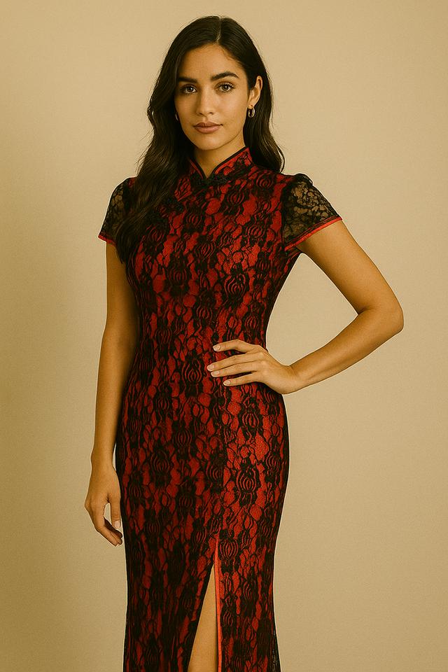 เดรสสตรีลายลูกไม้ดํา-แดงแบบจีน (Modern Cheongsam)_@SP007