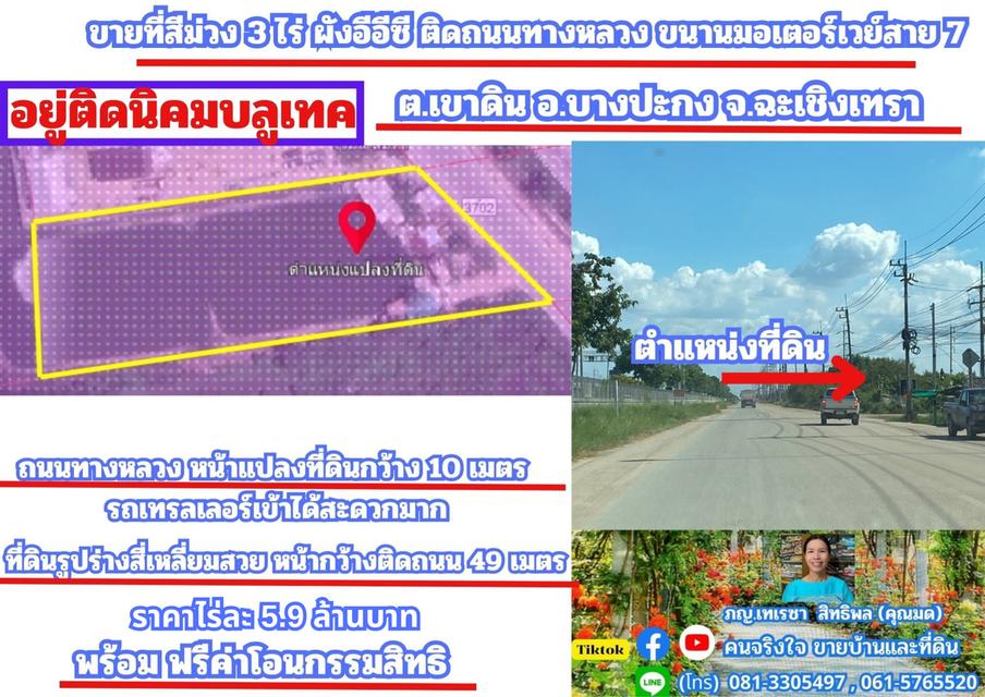 ขายที่สีม่วง 3 ไร่ ผังอีอีซี ติดถนนทางหลวงหมายเลข 3702 รถเทรลเลอร์เข้าได้ อยู่ติดนิคมบลูเทค ต.เขาดิน อ.บางปะกง จ.ฉะเชิงเทรา 1