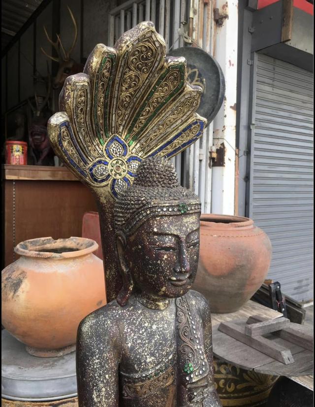 พระพุทธรูปไม้แกะสลัก พระไม้โบราณ มัณฑะเลย์ ปางนาคปรก หน้าตัก15นิ้ว