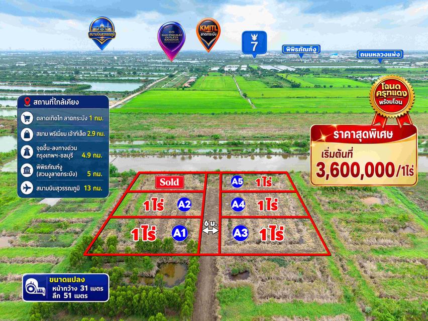 ขายที่ดิน ลาดกระบัง–สนามบินสุวรรณภูมิ เพียง 3,600,000 บาท / 1 ไร่ 1