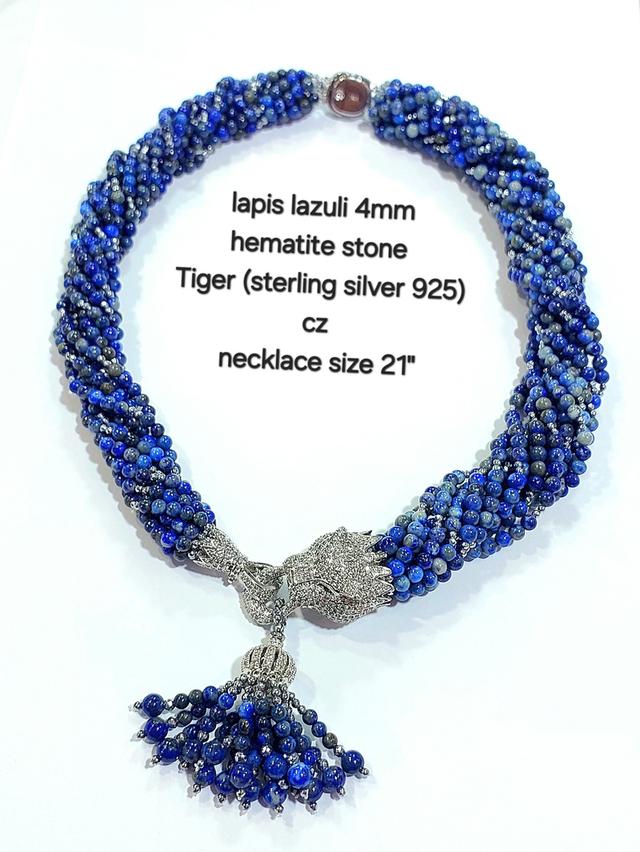 สร้อยหินLapis Lazuli 4 มิลร้อยแบบพวงมีพู่ห้อย หัวเสือฝังพลอยCZ sterling silver925 ยาว 21 นิ้ว  
