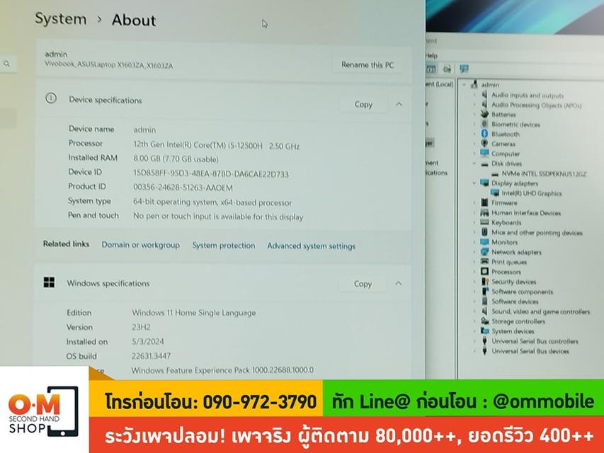 ขาย/แลก Asus Vivobook 16x (X1603Z) Core i5-12500H /Ram8 /SSD512 ศูนย์ไทย สวยมาก ครบกล่อง เพียง 16,900 บาท  2