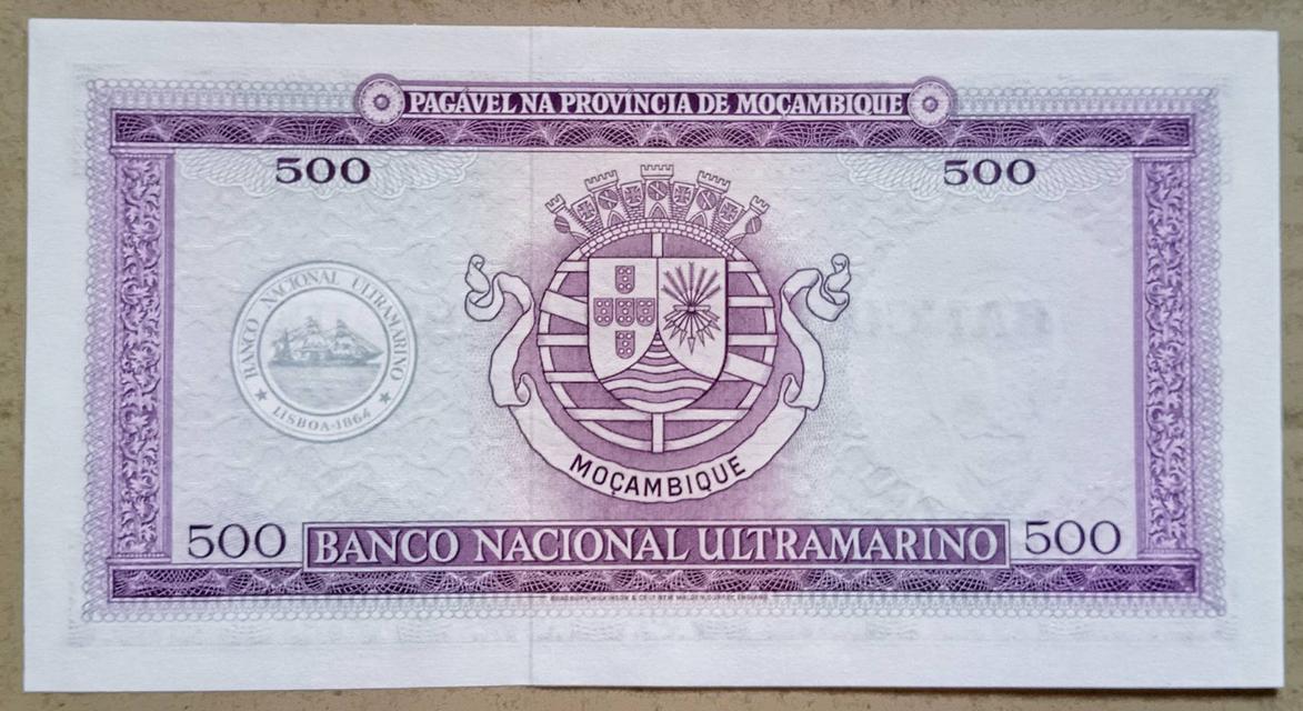 แบงก์สะสม โมแซมบิก Mozambique​ 500 Escudos(สมัยอาณานิคม Portugal) ปี 1953-1967​ แบงก์ขนาดใหญ่มาก​ ของแท้ ไม่ผ่านใช้ UNC รูปที่ 2