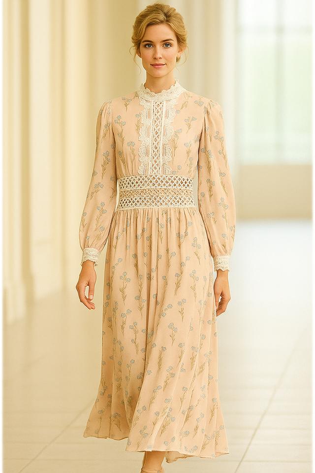 เดรสลูกไม้คอตั้งแขนยาวลายดอกไม้ หรือ Lace Yoke Floral Midi Dress with Long Sleeves @SP044 4