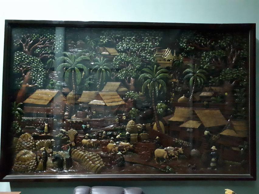 แผ่นไม้สักแกะสลัก ประดับฝาผนัง (วิถีชีวิตคนไทย)