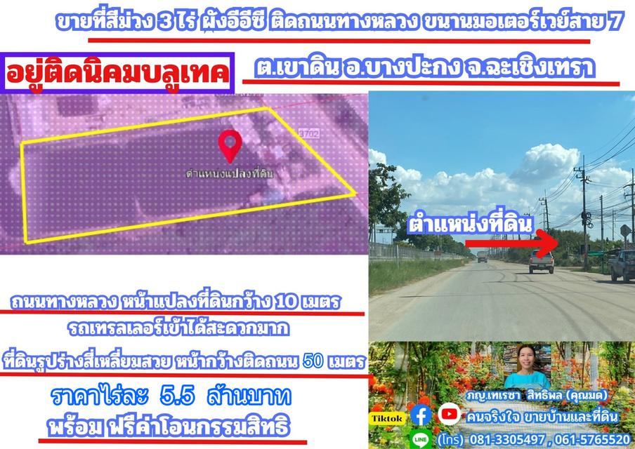 ขายที่สีม่วง 3 ไร่ ผังอีอีซี ติดถนนเลียบมอเตอร์เวย์ ขาเข้ากรุงเทพ และ อยู่ติดนิคมบลูเทค ต.เขาดิน อ.บางปะกง จ.ฉะเชิงเทรา