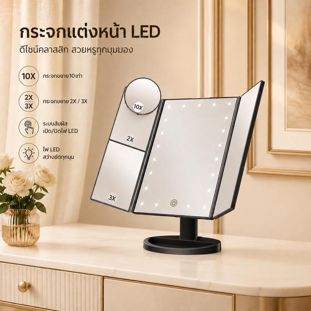 กระจกแต่งหน้า LED แบบพับได้นี้มีไฟ LED สว่าง 22 ดวง พร้อมปรับความสว่างได้ และมีตัวเลือกพลังงานคู่ (USB หรือแบตเตอรี่ผลิตจาก ABS/PP ที่ทนทาน