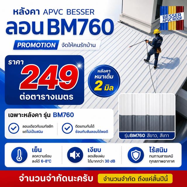 หลังคา APVC BESSER รุ่น BM760 จัดโปรโมชันพิเศษเอาใจคนรักบ้านในราคาเพียง 249 บาท / ตารางเมตร เท่านั้น!
