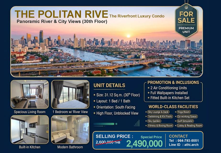 ✨ ขายคอนโดวิวแม่น้ำสุดอลังการ The Politan Rive (เดอะ โพลิแทน รีฟ) ชั้น 30 วิวเปิดโล่ง สวยสะกดตา! 1