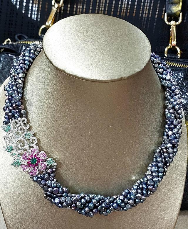 สร้อยคอพันเกลียวมุกเทาแท้ 4 มิล ดอกไม้ฝังพลอยCZ sterling silver925 ยาว19-20 นิ้ว รูปที่ 5