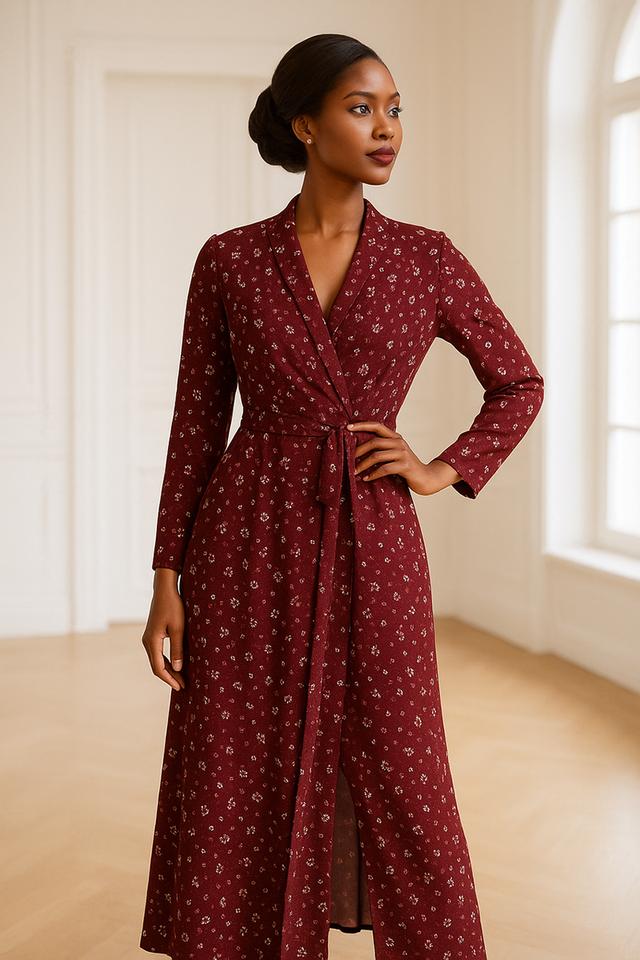 เดรสพันหน้าพิมพ์ลายกราฟิ กสีเบอร์กันดี (Burgundy Graphic Print Wrap Dress)@SP040