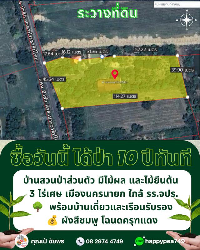 🌳 ที่ดินเมืองนครนายก พรหมณี 3 ไร่เศษ พร้อมบ้านสวนป่าส่วนตัวผังสีชมพู ใกล้ รร.จปร. 15
