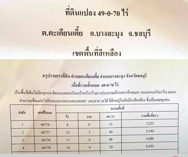 ขายที่ดินพัทยา แหลมฉบัง นาเกลือ เนื้อที่ 49 ไร่ (พื้นที่สีเหลือง) ตำบลตะเคียนเตี้ย บางละมุง ชลบุรี เพียง 10 นาที ถึงถนนสุขุมวิท 9