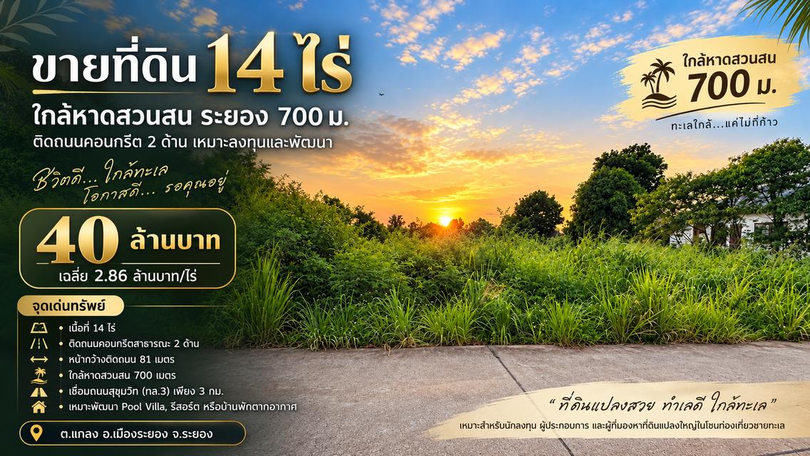 ขายที่ดินเสมอถนน ไม่ต้องถม 14 ไร่ ใกล้หาดสวนสน ระยอง 700 m ติดถนนคอนกรีต 2 ด้าน ไฟฟ้า–ประปาพร้อม 1