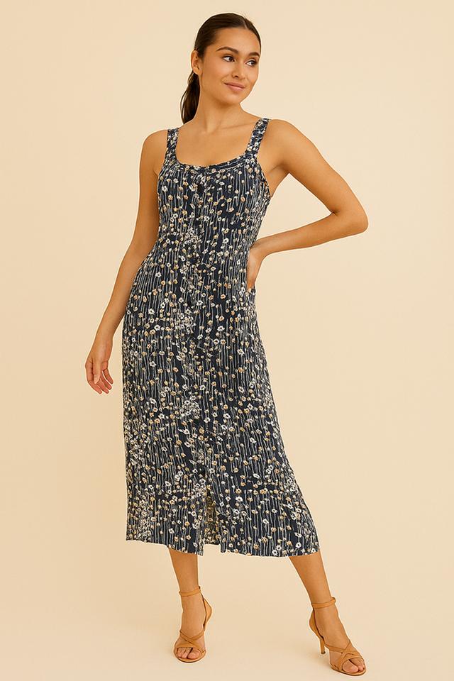 เดรสสายเดี่ยวลายดอกไม้แบบติดกระดุมหน้า (Floral Button-Front Sleeveless Dress)_@SP006