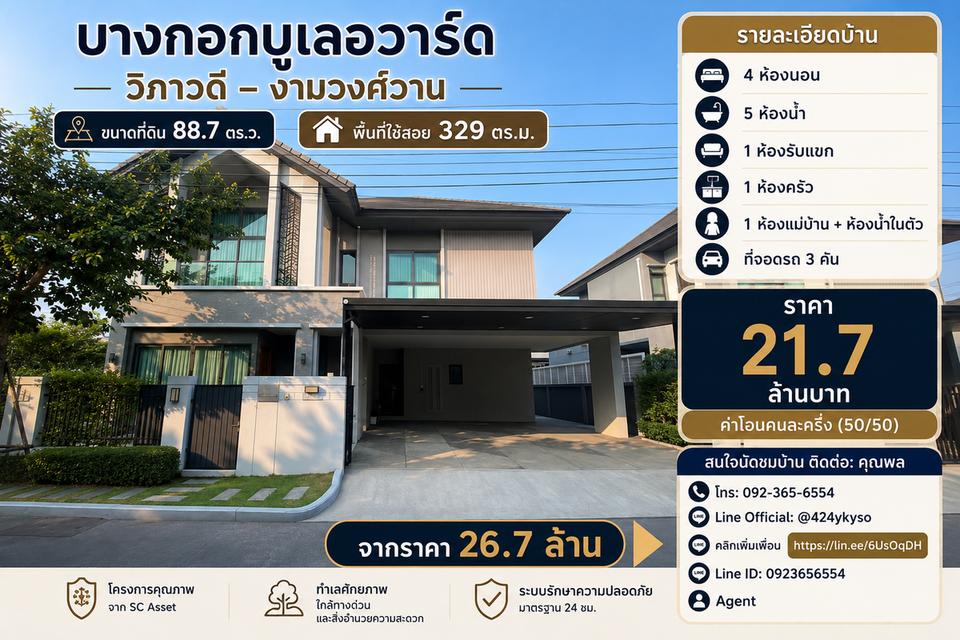ขายบ้านเดี่ยว งามวงศ์วาน วิภาวดี ลด 5 ล้าน! 4 นอน 88 ตรว. Bangkok Boulevard SC ASSET 1