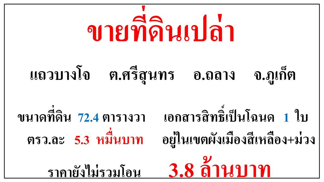 ขายที่ดินเปล่า ขนาด 72.4 ตรว.  แถวบางโจ  ต.ศรีสุนทร  อ.ถลาง  ภูเก็ต 1