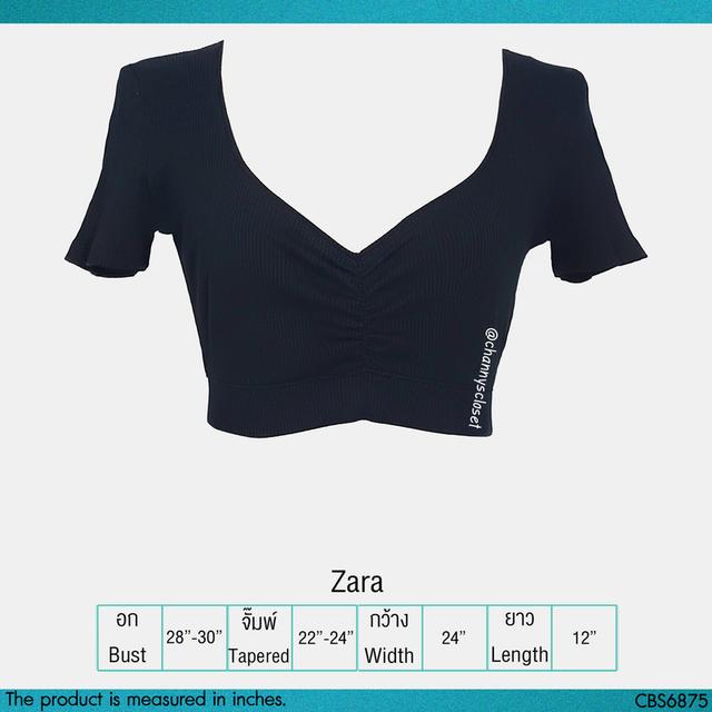 USED Zara - Ribbed Black Ruched Crop Top | เสื้อครอปสีดำ เสื้อยืด แขนสั้น คอวี ระบาย ผ้าร่อง สีพื้น สายฝอ แท้ มือสอง