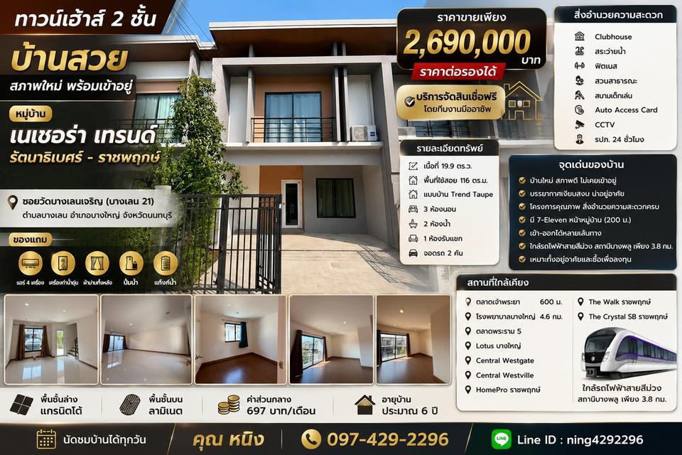 ขายทาวน์โฮม 2 ชั้น หมู่บ้านเนเชอร่า เทรนด์ รัตนาธิเบศร์-ราชพฤกษ์ 1