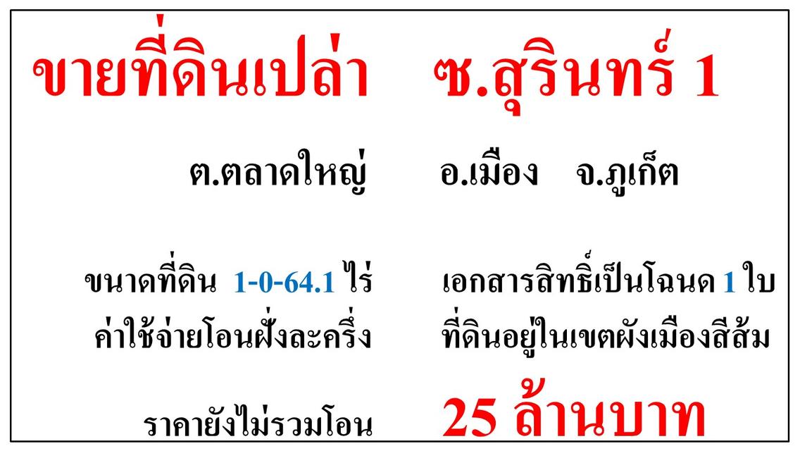 ขายที่ดินเปล่า ขนาด 1-0-64.1 ไร่  ซ.สุรินทร์ 1  ต.ตลาดใหญ่  อ.เมือง  ภูเก็ต 1