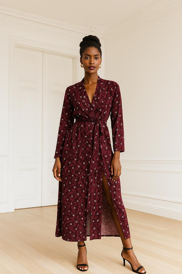 เดรสพันหน้าพิมพ์ลายกราฟิ กสีเบอร์กันดี (Burgundy Graphic Print Wrap Dress)@SP040