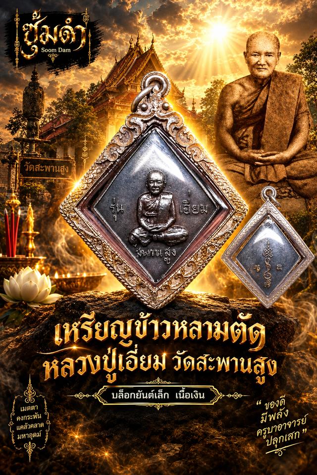 💥 เหรียญข้าวหลามตัด หลวงปู่เอี่ยม วัดสะพานสูง บล็อกยันต์เล็ก เนื้อเงิน