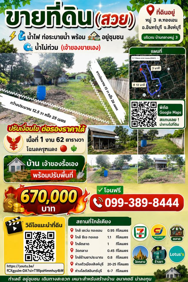 ขายที่ดินสวย ในชุมชน สะดวกน้ำไฟท่อระบายน้ำ พร้อม ต.ทองเอน อ.อินทร์บุรี จ.สิงห์บุรี 1